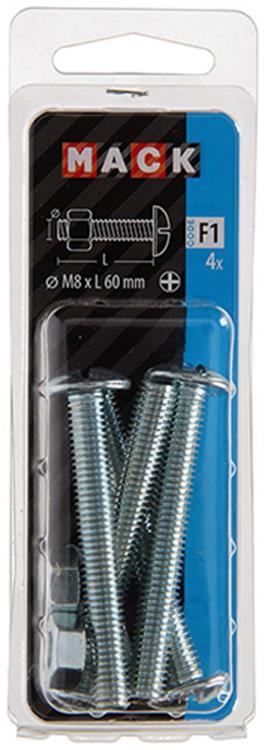 Afbeelding laden in galerijviewer, Mack 1017560 - kachelbout + moer staal verzinkt 4 st m8 x 60 mm | 5 stuks
