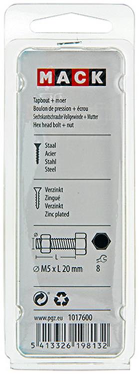 Afbeelding laden in galerijviewer, Mack 1017600 - tapbout + moer staal verzinkt 14 st m5 x 20 mm | 10 stuks
