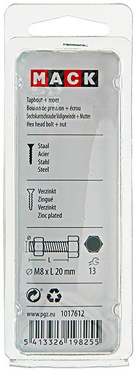 Afbeelding laden in galerijviewer, Mack 1017612 - tapbout + moer staal verzinkt 7 st m8 x 20 mm | 10 stuks
