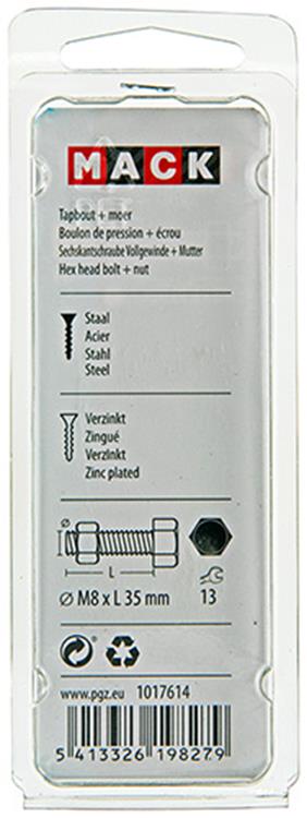 Afbeelding laden in galerijviewer, Mack 1017614 - tapbout + moer staal verzinkt 5 st m8 x 35 mm | 5 stuks
