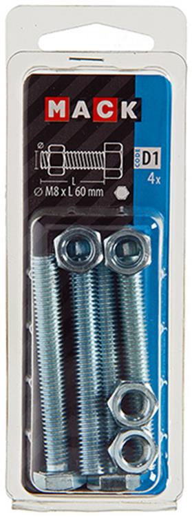 Afbeelding laden in galerijviewer, Mack 1017617 - tapbout + moer staal verzinkt 4 st m8 x 60 mm | 10 stuks
