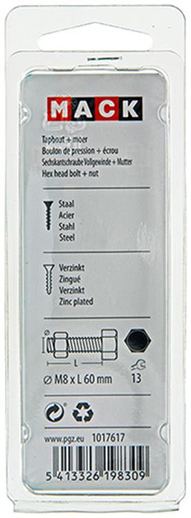 Afbeelding laden in galerijviewer, Mack 1017617 - tapbout + moer staal verzinkt 4 st m8 x 60 mm | 10 stuks
