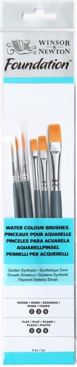 Winsor newton 5295015 foundation watercolour brush set – korte steel – 6-delig – ronde platte penselen voor waterverf, gouache acryl