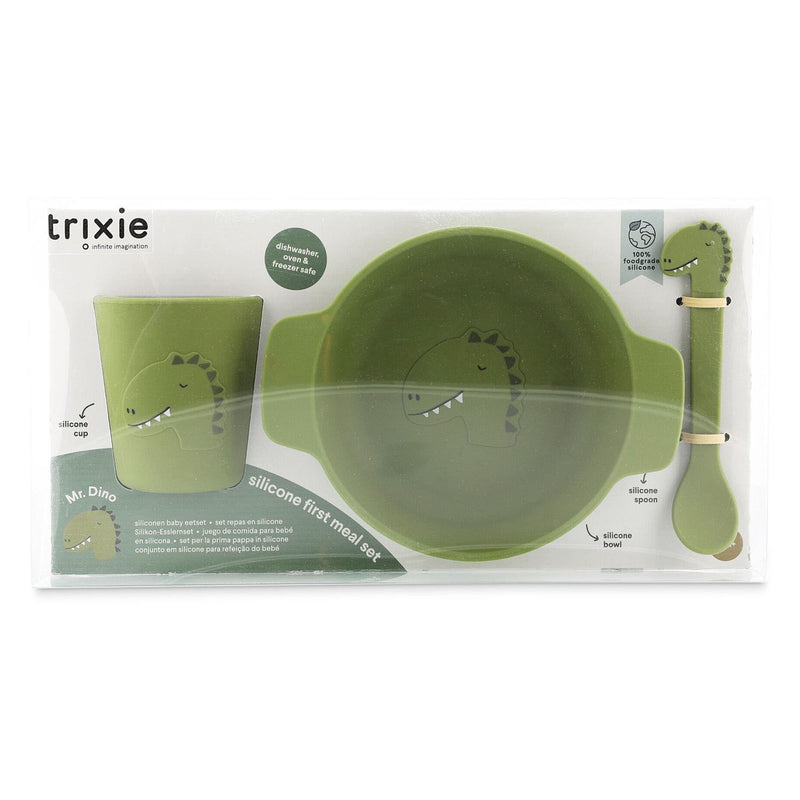 Load image into Gallery viewer, Trixie siliconen baby eetset mr. dino - perfect kraamcadeau - babyshower gift - set met lepel, beker en kom.
