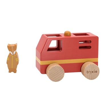 Trixie houten mini brandweerwagen - speelgoedvoertuig in duurzaam hout - leuk voor jongens en meisjes - met mr. fox