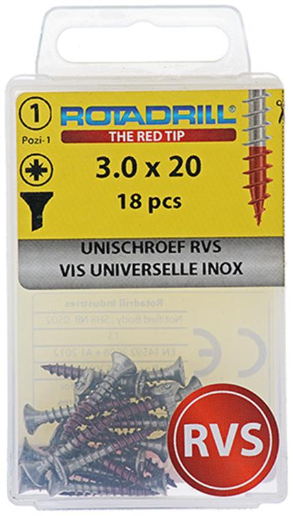 Load image into Gallery viewer, Rotadrill 1039849 - universeelschroef vk pzd rvs-a2 3.0x20mm (18) | 6 stuks
