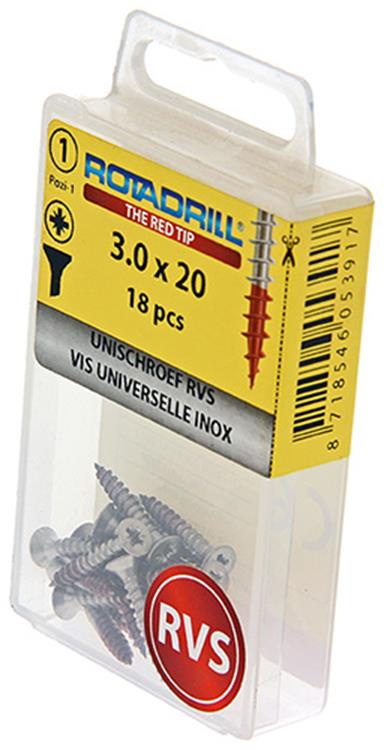 Load image into Gallery viewer, Rotadrill 1039849 - universeelschroef vk pzd rvs-a2 3.0x20mm (18) | 6 stuks
