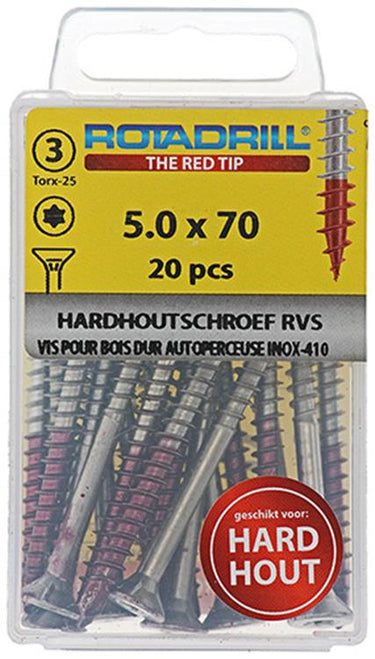 Rotadrill 1039906 - hardhoutschroef zelfb.sppls.rvs t25 5.0x70mm (20) | 6 stuks