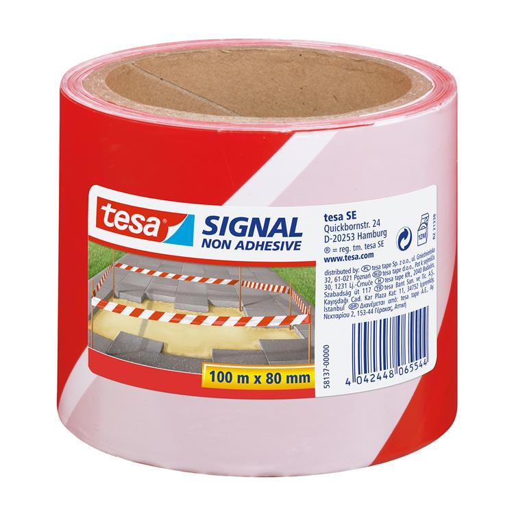 Load image into Gallery viewer, Tesa 1x afzetlint markeerlint rood wit 8 cm x 100 mtr - klus bouwbenodigdheden - afzetlinten markeerlinten - gevarenzone linten - weg parkeerplaats afzetten met lint
