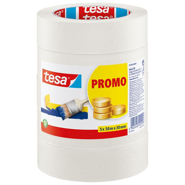 Tesa voordeelset van 5x stuks afplaktape schilderstape 30 mm x 50 m - verf afplakband tape - maskeertape - masking tape