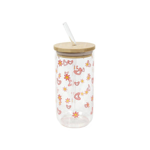 Drinkglas met rietje en bamboe deksel bloemprint 500ml ø7.5x15cm
