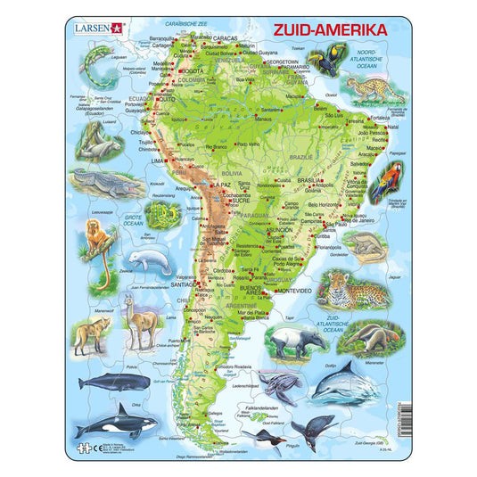 Selecta larsen legpuzzel kaart zuid, amerika geografisch met dieren, 65st.
