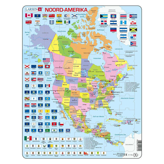 Selecta larsen legpuzzel kaart noord, amerika met staten en vlaggen, 70st.