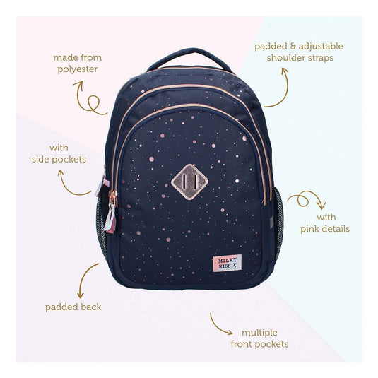 Milky kiss rugzak divine days donkerblauw met roze stippen, 3-vaks