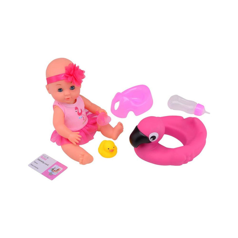 Load image into Gallery viewer, Johntoy john toy baby rose drink- en plaspop 30cm met dierenzwemband
