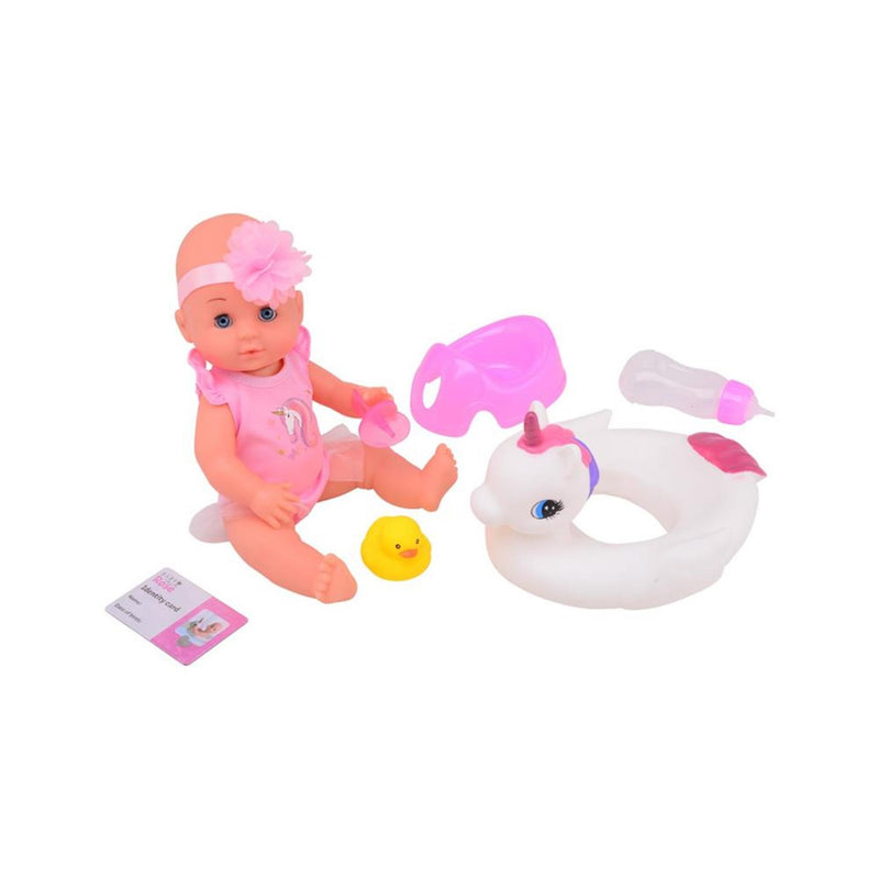 Load image into Gallery viewer, Johntoy john toy baby rose drink- en plaspop 30cm met dierenzwemband
