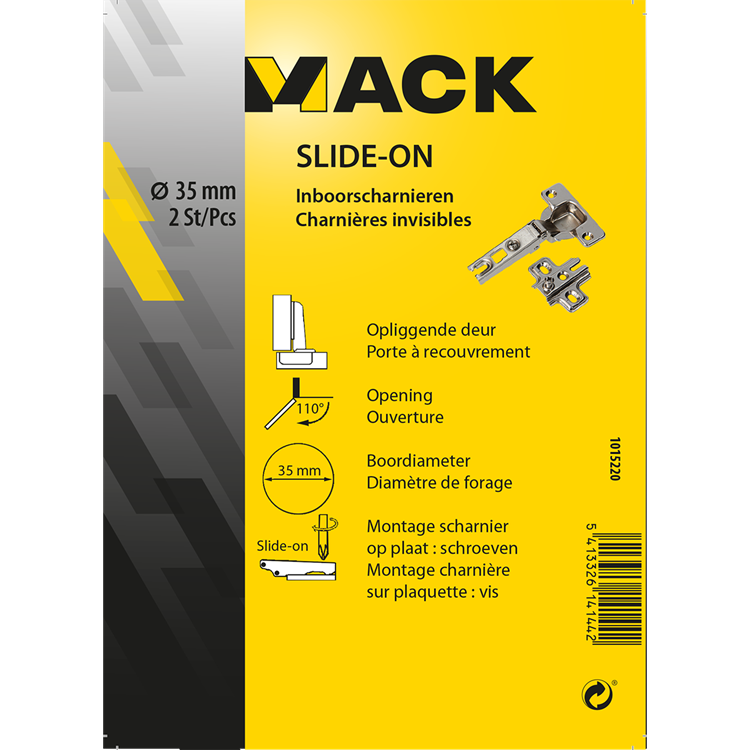 Load image into Gallery viewer, Mack 1015220 - 2 inboorscharnieren slide on 35mm 110° opliggende deur | 10 stuks
