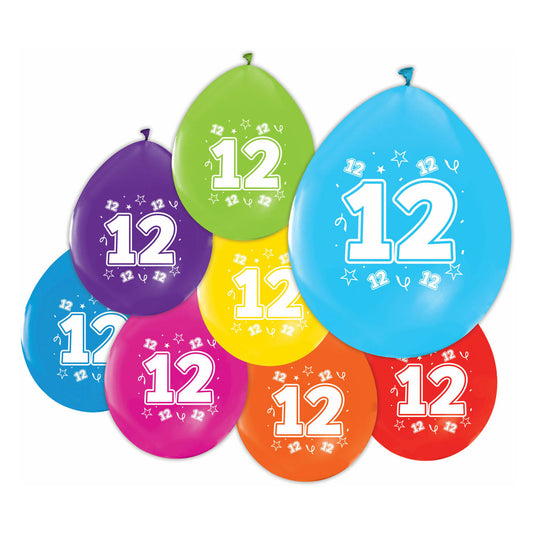 Globos ballonnen 2-zijdig geprint cijfer 12, 8st.