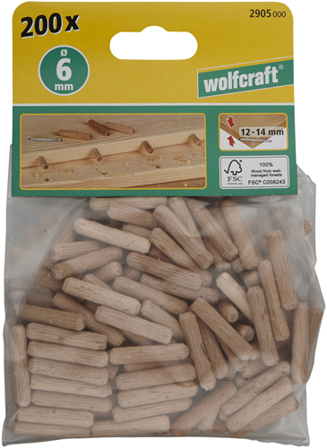 Load image into Gallery viewer, Wolfcraft gegroefde houten deuvels | buche | ø6 x 30mm | 200 stuks - 2905000
