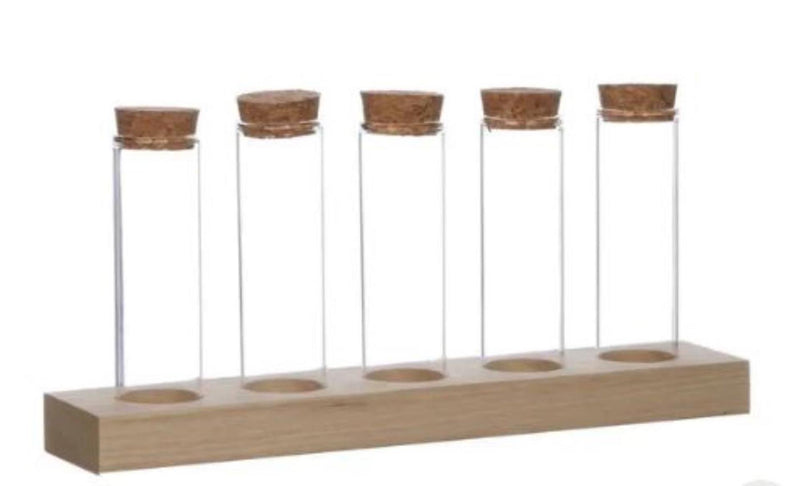 Load image into Gallery viewer, Ideas 4 seasons houten houder met 5 reageerbuizen met kurk stopper ã˜3x10cm

