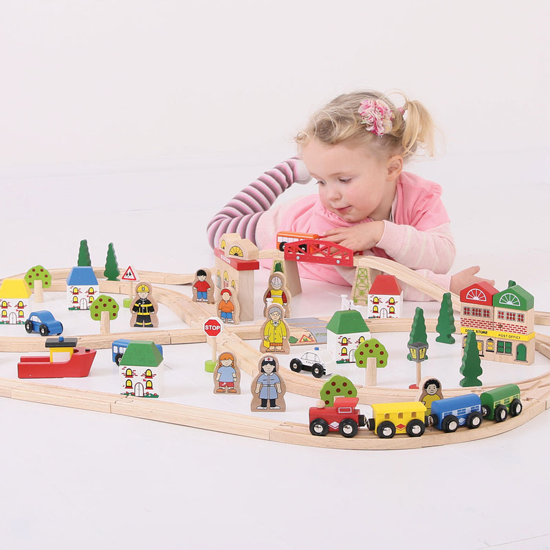 Load image into Gallery viewer, Bigjigs houten treinbaan en autobaan set - 91 delen
