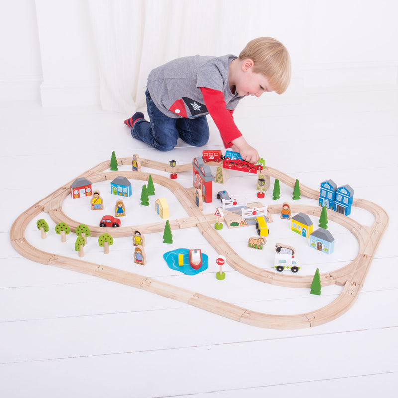 Load image into Gallery viewer, Bigjigs houten treinbaan en autobaan set - 91 delen
