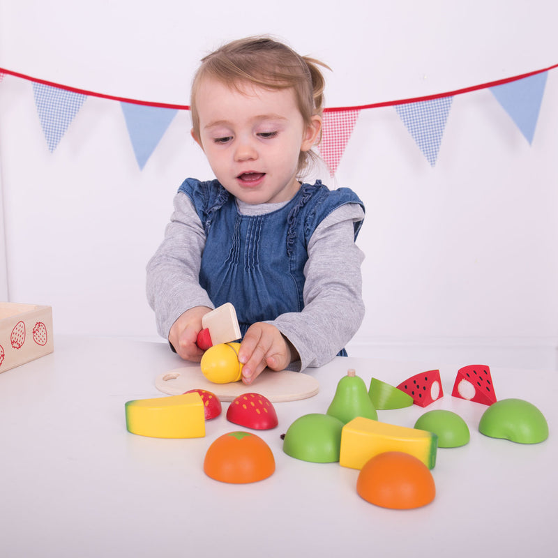 Afbeelding laden in galerijviewer, Bigjigs toys houten kistje met fruit en klittenband - mer mes en plank - bigjigs - 18-delig
