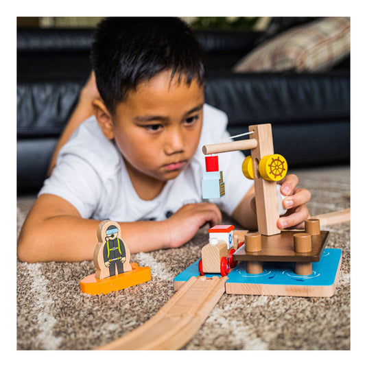 Bigjigs houten rails kraandok met duiker, 3dlg.