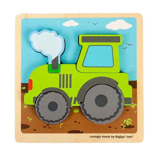 Bigjigs houten inlegpuzzel tractor met uitneembare vormen, 5st.