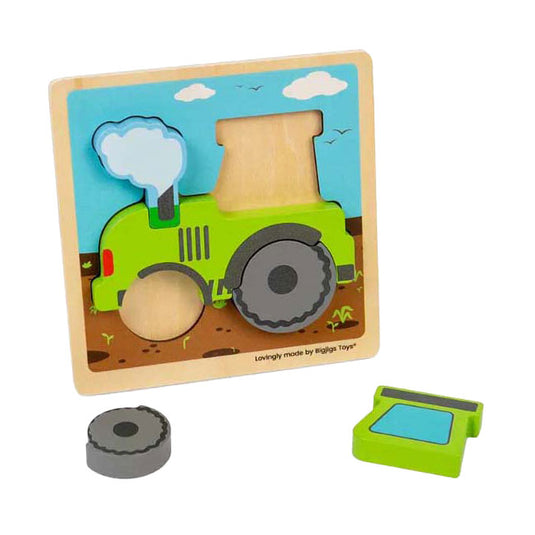 Bigjigs houten inlegpuzzel tractor met uitneembare vormen, 5st.
