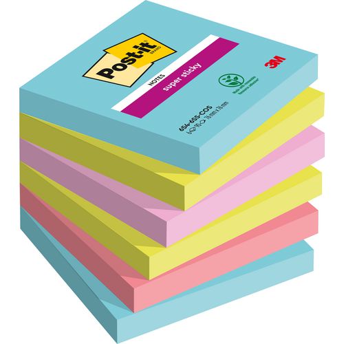 Notes post-it super sticky 76x76mm assorti pak 6 stuks 90 vel