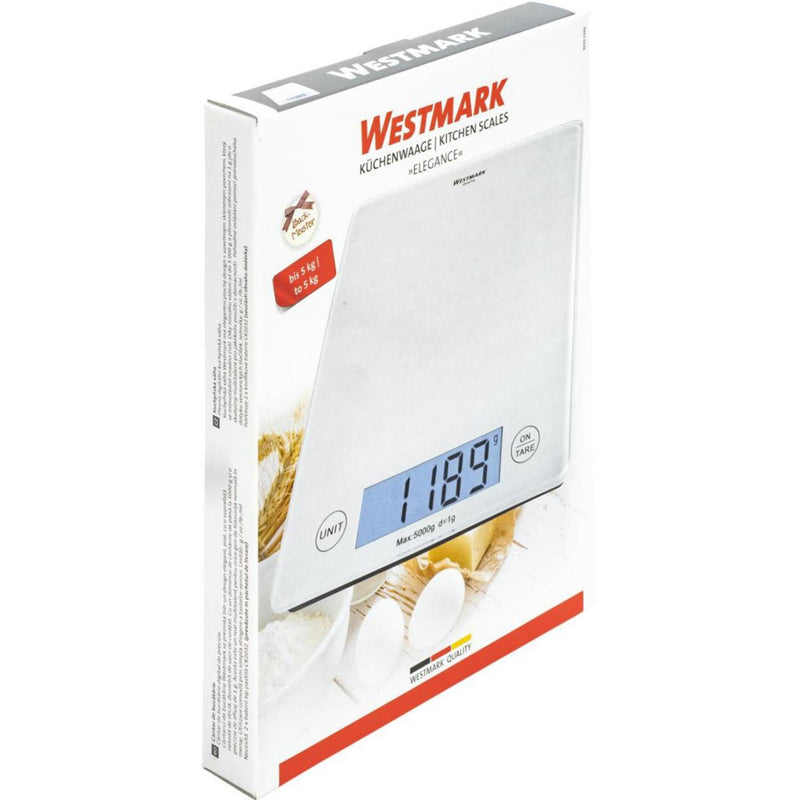 Load image into Gallery viewer, Westmark digitale keukenweegschaal met tarrafunctie, weegbereik tot 5 kg, glazen weegoppervlak, 23 x 18 x 1,8, matglas, elegantie, wit transparant, 30332260
