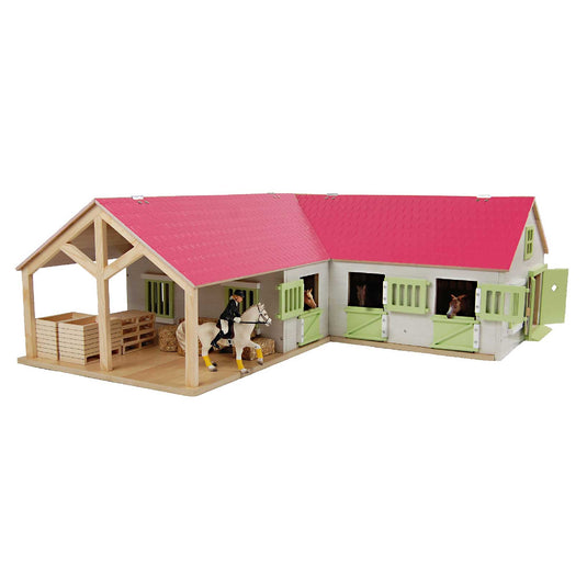 Kids globe paardenhoekstal met 3 boxen en berging roze 1:24