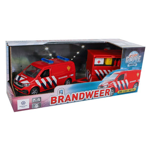 Kids globe vw transporter brandweer met aanhangwagen nl die cast pull back 27,5cm