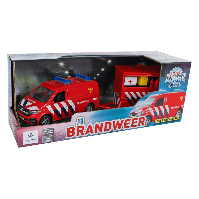 Load image into Gallery viewer, Kids globe vw transporter brandweer met aanhangwagen
