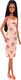 Barbie fashionista pop with black hair, wearing checkered orange and pink flower midi dress with necklace and sandals.