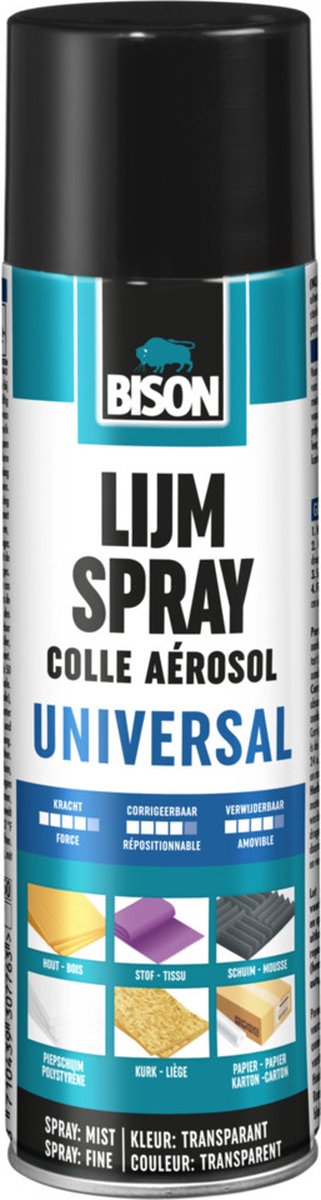 Bison lijmspray universal spuitbus 500 ml, universele, vloeibare spuitlijm voor grote oppervlakken. bindt alternatief of permanent. geschikt voor diverse materialen