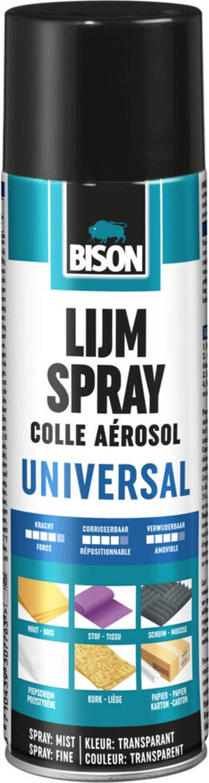Bison lijmspray universal spuitbus 500 ml, universele, vloeibare spuitlijm voor grote oppervlakken. bindt alternatief of permanent. geschikt voor diverse materialen