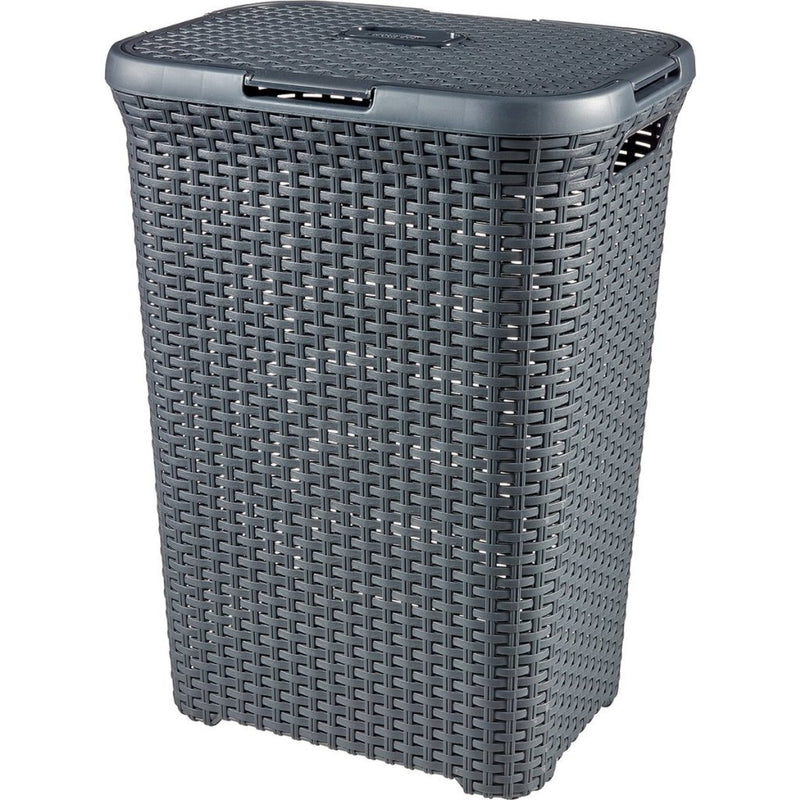 Load image into Gallery viewer, Curver style wasbox met deksel rotanstyle 60 liter antraciet 45x34x62 cm
