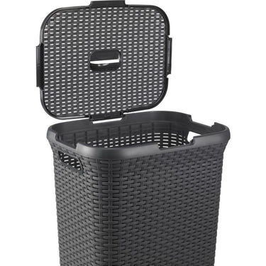 Curver style wasbox met deksel rotanstyle 60 liter antraciet 45x34x62 cm