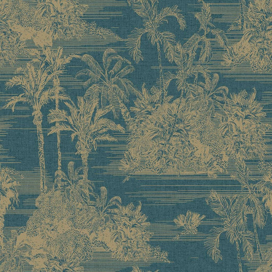 Dutch wallcoverings behang tropical donkerblauw en goudkleurig