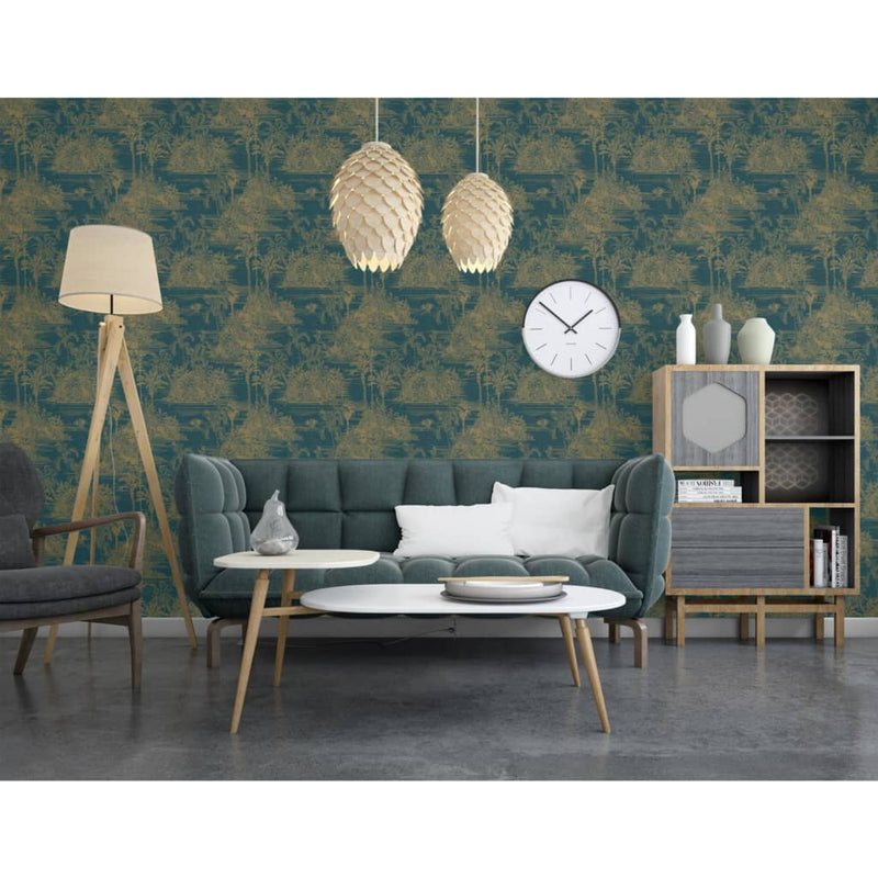 Load image into Gallery viewer, Dutch wallcoverings behang tropical donkerblauw en goudkleurig
