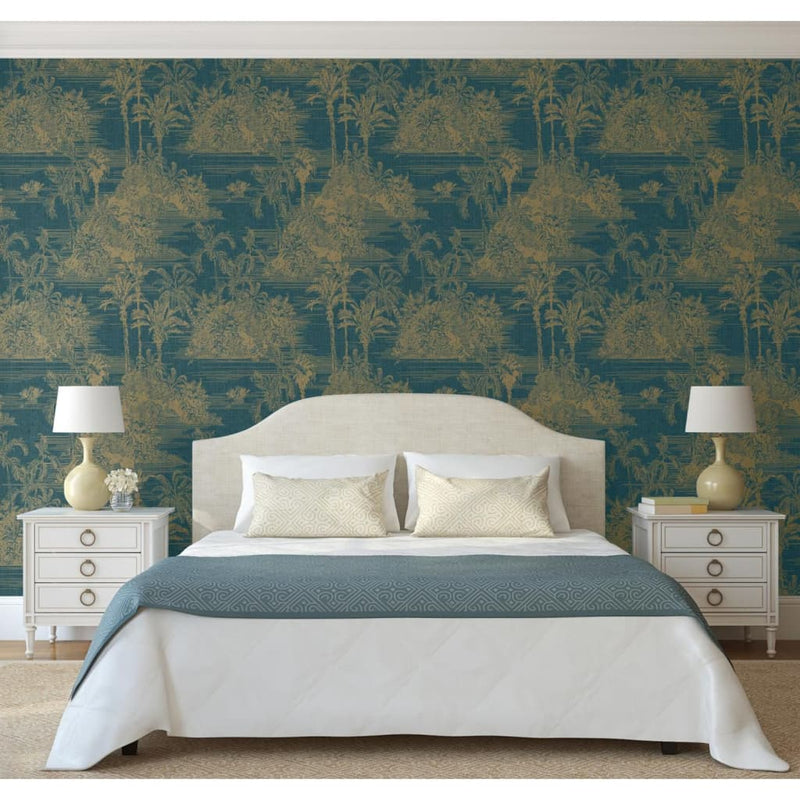 Load image into Gallery viewer, Dutch wallcoverings behang tropical donkerblauw en goudkleurig
