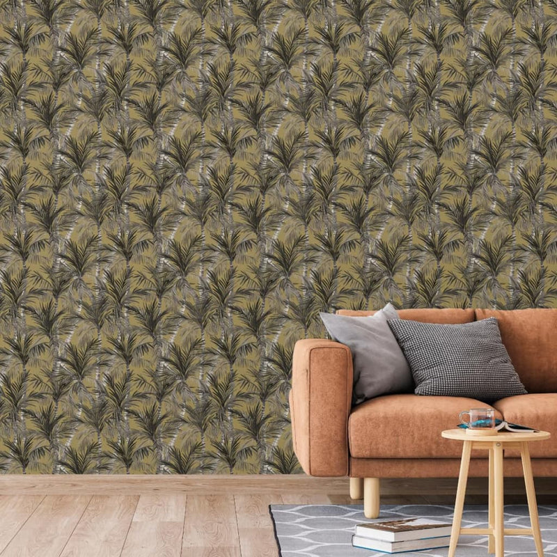 Load image into Gallery viewer, Dutch wallcoverings behang palm trees goudkleurig en zwart
