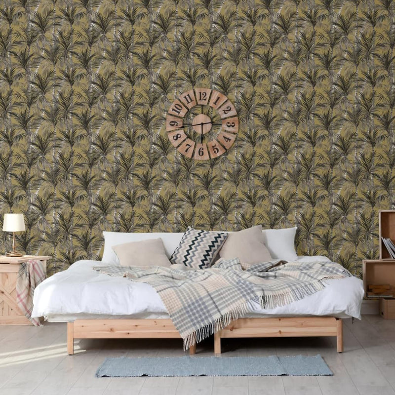 Load image into Gallery viewer, Dutch wallcoverings behang palm trees goudkleurig en zwart
