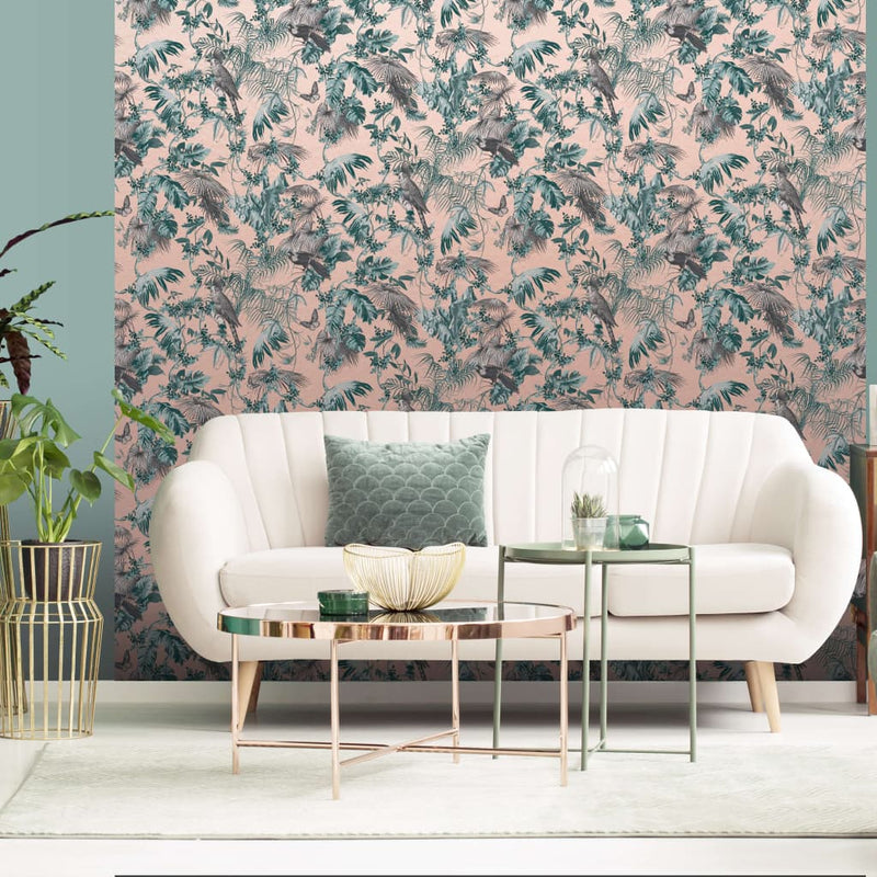 Load image into Gallery viewer, Dutch wallcoverings behang bladeren en vogels groen en roze
