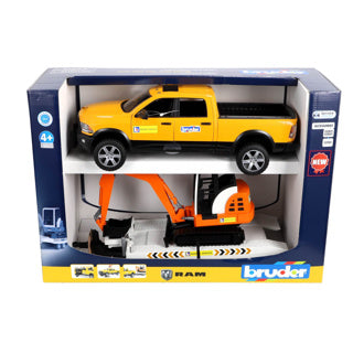 Load image into Gallery viewer, Bruder auto ram 2500 power wagen rental service met aanhangwagen en minibagger
