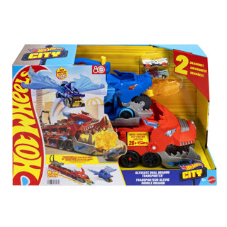 Hot wheels city - ultieme dubbele draak transportvoertuig en 2 speelgoedauto's
