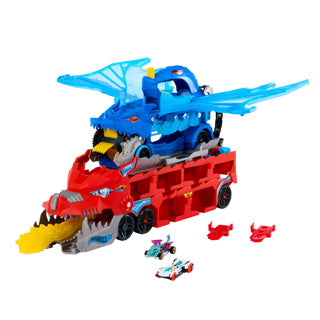 Load image into Gallery viewer, Hot wheels city - ultieme dubbele draak transportvoertuig en 2 speelgoedauto's
