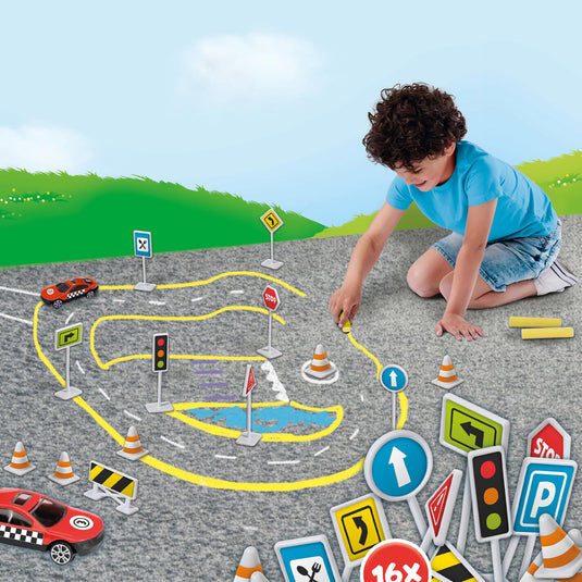 Ses creative ses - stoepkrijt - verkeer - met verkeersborden, pionnen, hekken en een auto - 6 kleuren krijt